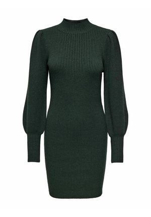 Green ribbed knit dress with a high neckline, long voluminous sleeves, and a fitted silhouette, indicating a textured fabric design.