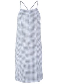 Robe sans manches à carreaux bleu et blanc avec fines bretelles et silhouette droite.