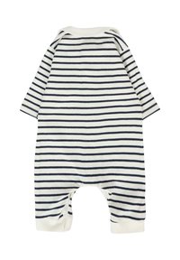 Pasiasty body w białym i granatowym, z długimi rękawami, okrągłym dekoltem i otwartymi nogawkami dla łatwego zakładania. Wykonane z miękkiej bawełny, o minimalnym wzornictwie.