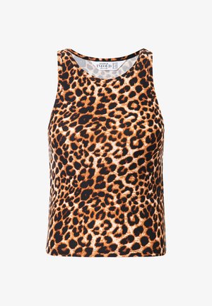 Top sans manches à imprimé léopard, fabriqué en tissu lisse et extensible. Doté d'un col rond et d'une silhouette ajustée. Couleurs marron foncé et orange.