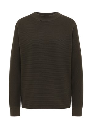 Dunkelgrüner, gerippter Pullover mit langen Ärmeln, Rundhalsausschnitt, lockerer Passform und strukturierter Stoff. Keine sichtbaren Muster oder Hardware-Details.