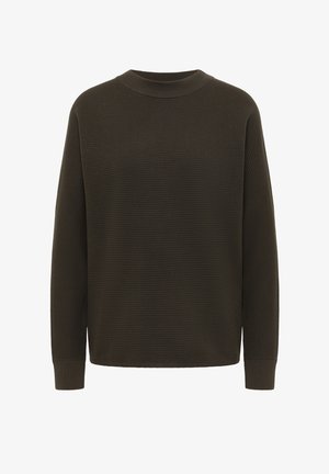 Dunkelgrüner, gerippter Pullover mit langen Ärmeln, Rundhalsausschnitt, lockerer Passform und strukturierter Stoff. Keine sichtbaren Muster oder Hardware-Details.