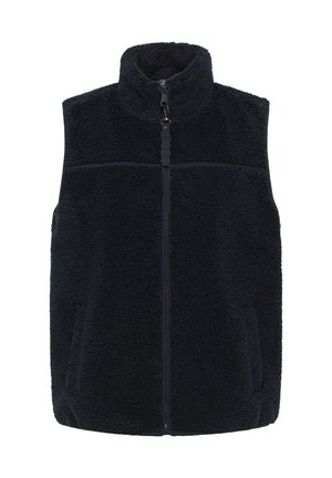 Gilet in pile senza maniche di colore nero, con colletto alto e chiusura frontale a zip, dotato di tasche laterali e tessuto morbido con texture.