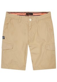 Pantaloni cargo beige realizzati in tessuto leggero, con chiusura a bottone, tasche profonde e una cintura interna a righe.