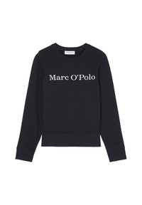 Granatowy sweter z miękkiego materiału, z okrągłym dekoltem, długimi rękawami i białym logo z napisem "Marc O'Polo" na przodzie.