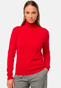 Pull en mailles côtelées rouge avec col roulé et manches longues. Texture lisse, forme ajustée et col haut. Associé à un pantalon gris.