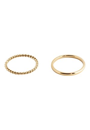 Gold rings set: One twisted design, one smooth band. Both thin, polished, and shiny with a consistent gold color and smooth texture.