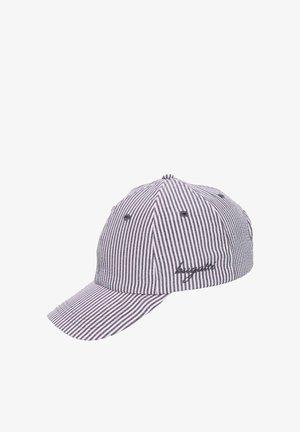 Baseball cap with black and white vertical stripes and embroidered text on the side panel, featuring ventilation eyelets on top.