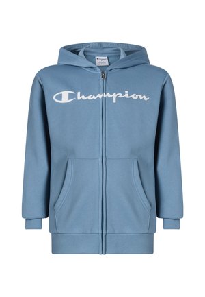 Felpa con cappuccio azzurro chiaro con cerniera, tasche anteriori, polsini a costine e logo Champion bianco sul petto.