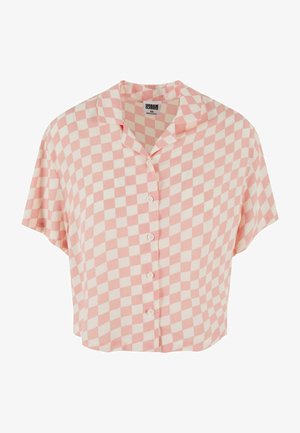Chemise courte à manches courtes et à boutons, en motif damier rose et blanc. Fabriquée en tissu doux avec un col ouvert et une fermeture à cinq boutons.