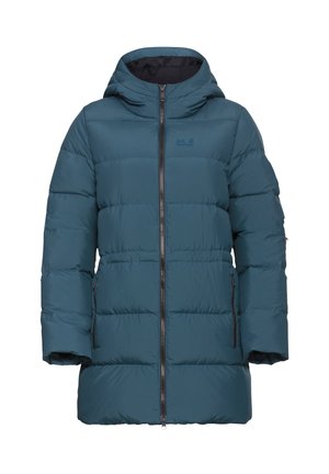 Giacca a vento teal con cappuccio, dotata di zip frontale e tasche laterali. Realizzata in tessuto trapuntato con una texture liscia. Logo sul petto.