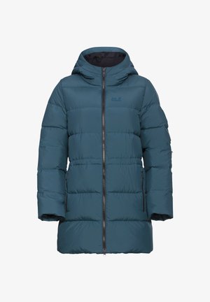 Teal Puffer-Jacke mit Kapuze, ausgestattet mit einem Frontreißverschluss und seitlichen Taschen. Hergestellt aus gestepptem Stoff mit glatter Textur. Logo auf der Brust.