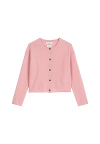 Gilet en cachemire rose avec un col rond, des manches longues et des boutons marron sur le devant. Texture douce avec un design court.