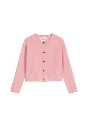 Roze kasjmier cardigan met een ronde hals, lange mouwen en bruine knopen aan de voorkant. Zachte textuur met een cropped ontwerp.