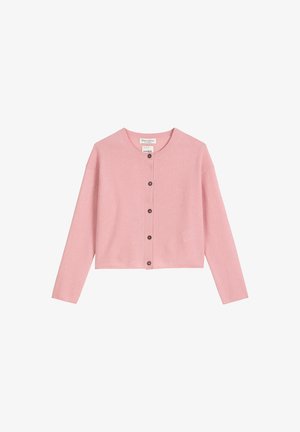 Cardigan in cashmere rosa con collo rotondo, maniche lunghe e bottoni marroni davanti. Texture morbida con design cropped.