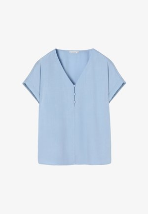 Himmelblause Bluse mit kurzen Ärmeln und tiefem V-Ausschnitt, zwei Knöpfen vorne und einem glatten, strukturierten Stoff.