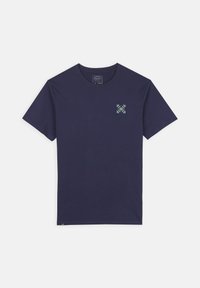 T-shirt en coton bleu marine à manches courtes, col rond, avec un petit graphique à l'avant représentant un flocon de neige dans des couleurs plus claires.