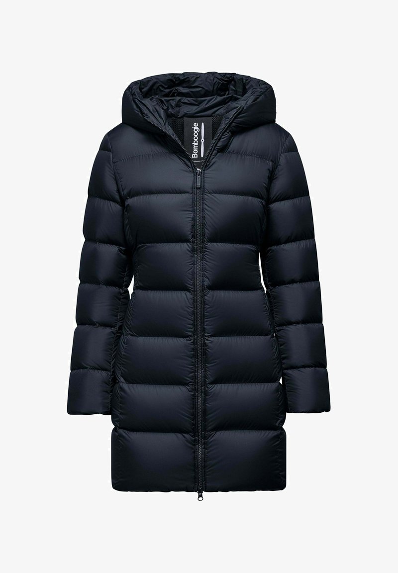 Giacca a vento nera con cappuccio, caratterizzata da sezioni trapuntate orizzontali, chiusura anteriore con zip e design di lunghezza intermedia. Materiale esterno liscio.