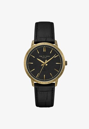 Herrenuhr mit schwarzem Lederarmband, strukturiertem schwarzem Zifferblatt, goldfarbenem Rahmen, goldfarbenen Stundenmarkierungen und der Aufschrift "rag & bone New York".