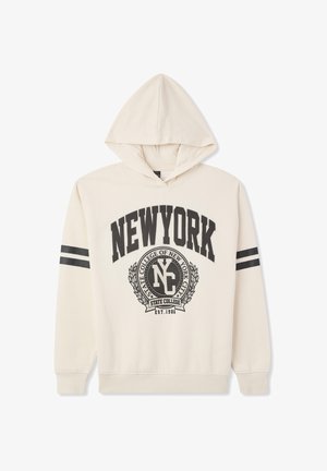 Kremowy hoodie z czarnym nadrukiem graficznym z napisem „NEW YORK”, logo oraz paskowanymi akcentami na rękawach. Materiał bawełniany.