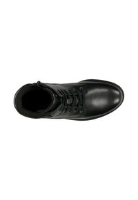Stivale alla caviglia in pelle nera con punta tonda, design con lacci, fodera morbida e texture liscia. Presenta una cerniera laterale per un facile accesso.