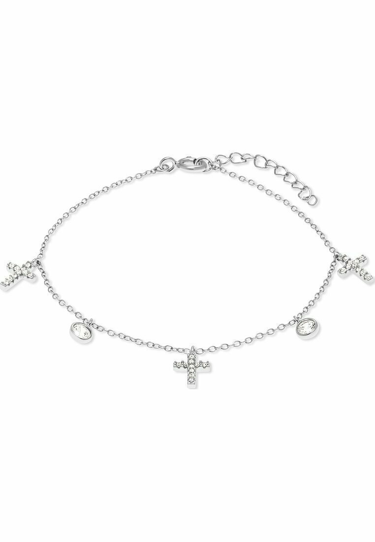 Bracciale in argento con due croci decorative e un charm rotondo, impreziosito da pietre trasparenti per un tocco di dettaglio e brillantezza.