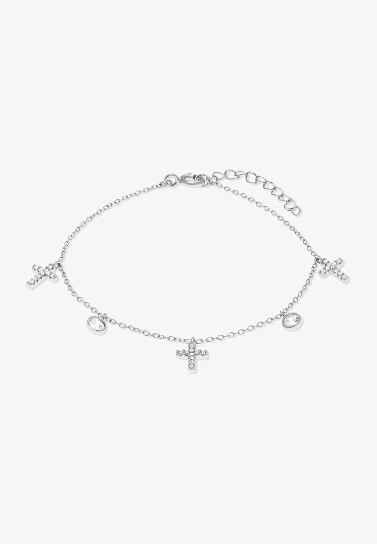 Bracciale in argento con due croci decorative e un charm rotondo, impreziosito da pietre trasparenti per un tocco di dettaglio e brillantezza.