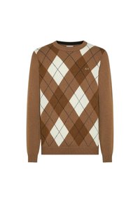 Maglione marrone con motivo argyle in marrone chiaro e bianco, con scollo a giro e polsini a coste. Piccolo logo sul davanti.