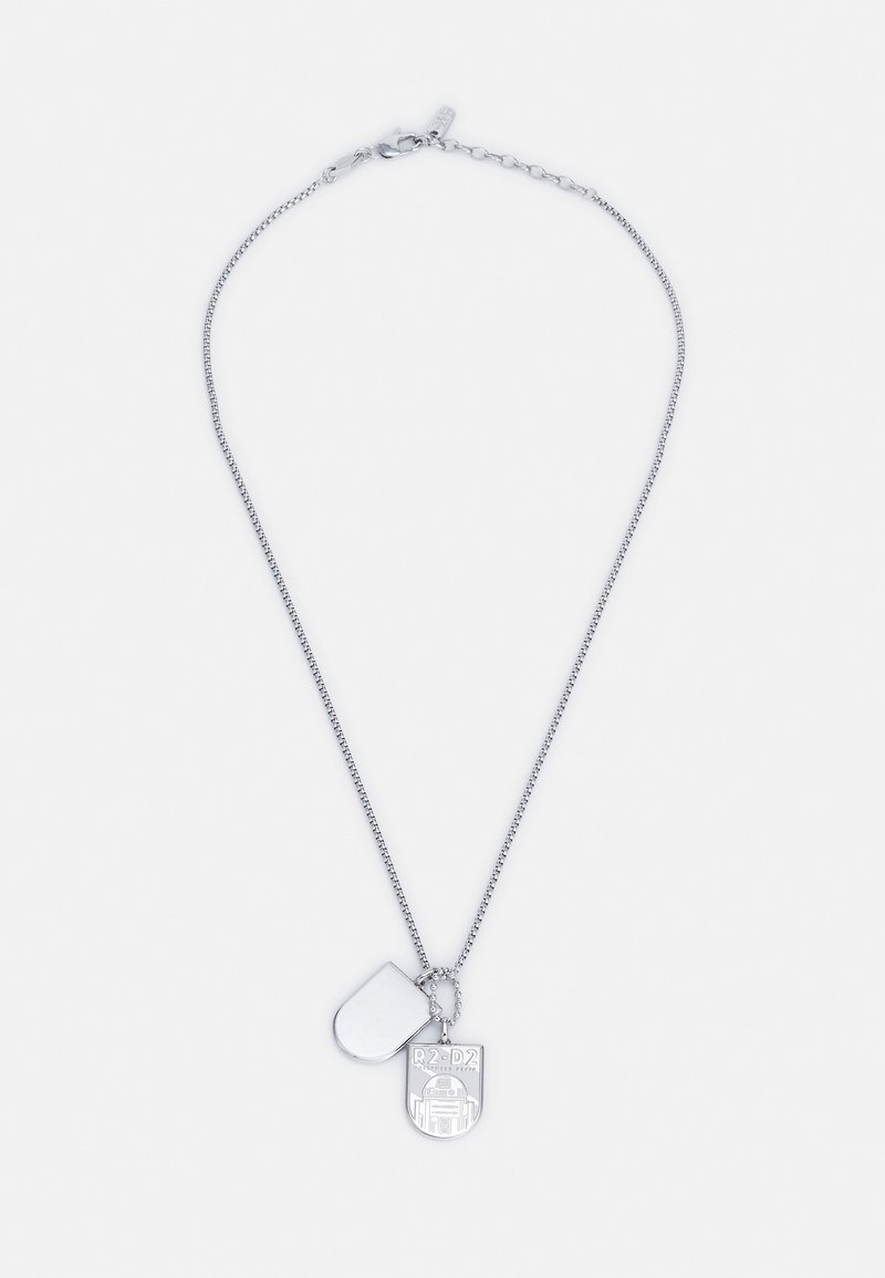 Collier chaîne en argent avec deux pendentifs plaques militaires, un simple et un gravé avec R2-D2 de Star Wars.