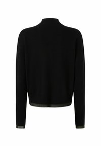 Crna džemper s visokim izrezom i dugim rukavima. Ima teksturirani, rebrasti rub i manžete u kontrastnoj tamnoj nijansi.