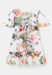 Weißes Blumenkleid mit kurzen Puffärmeln, schichtweisem Design, filigranen Blütenmustern in Rosa-, Gelb- und Grüntönen sowie rundem Ausschnitt.