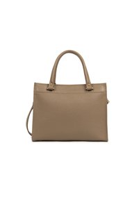 Borsa a mano in pelle beige con finitura testurizzata, due manici superiori e una tracolla removibile. Presenta dettagli in hardware color oro.