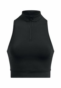 Czarny sportowy crop top z wysokim kołnierzem, zamkiem z przodu i dopasowanym krojem. Wykonany z gładkiego, elastycznego materiału dla zapewnienia komfortu.