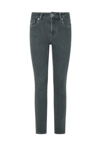 Jeans ajustados en denim gris oscuro con una textura suave. Presenta una cremallera frontal, cierre de botón y un estilo tradicional de cinco bolsillos.