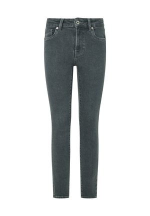 Jeans skinny in denim grigio scuro con una texture liscia. Presentano una chiusura con zip frontale, bottone e il classico stile a cinque tasche.