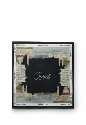 Zijden sjaal met geïllustreerde bezienswaardigheden van de stad Zürich rond een zwart midden, tekst "Zurich Falconeri" en Falconeri-logo rand op witte achtergrond.