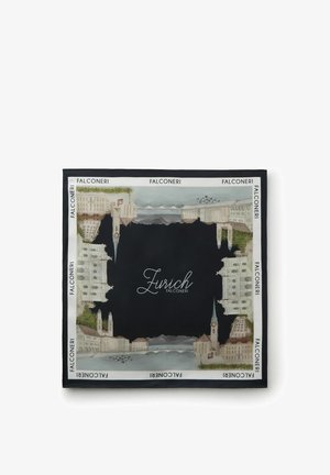 Jedwabny szal z ilustrowanymi zabytkami miasta Zurych wokół czarnego środka, tekstem „Zurich Falconeri” i obramowaniem z logo Falconeri na białym tle.