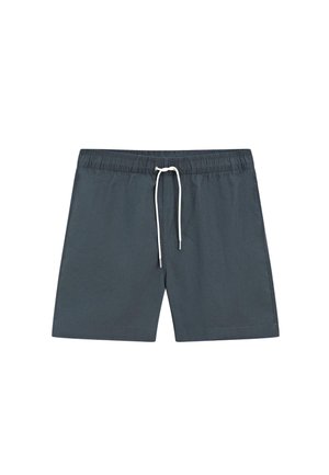 Pantaloncini da bagno grigio scuro con cintura elastica e coulisse bianca, design semplice, senza loghi o motivi visibili.