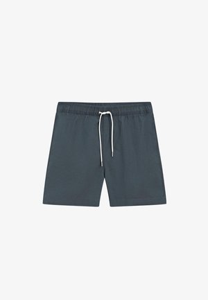 Ciemnoszare kąpielówki z elastycznym pasem i białym sznurkiem, prosty design, brak widocznych logo lub wzorów.