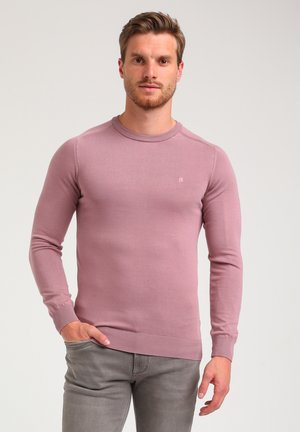 Pull long rose pâle à manches longues avec un col rond et des poignets côtelés. Présente un logo discret sur la poitrine et un design ajusté. Porté avec un jean gris.