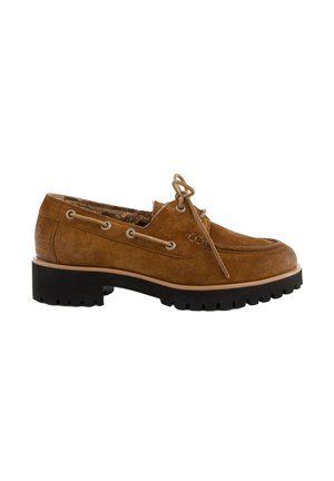 Brown suede lace-up shoe with black rugged sole and side eyelets, designed for casual or outdoor wear.