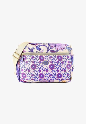 Petit sac bandoulière rectangulaire avec motif floral violet, sangle beige ajustable et poche avant zippée avec plaque logo.