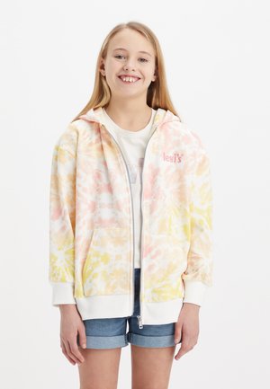 Un hoodie tie-dye en pastel rose et jaune, fabriqué dans un tissu doux. Il comporte une fermeture éclair à l'avant, deux poches et des poignets et un ourlet en côte blanche.