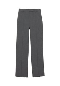 Grijze broek van een gestructureerde stof, met een recht model en voorplooien. Geen zichtbare taillebanddetails of hardware.