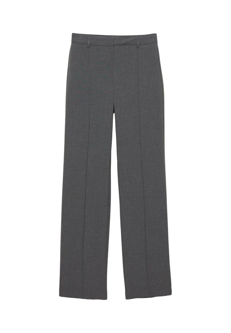 Grijze broek van een gestructureerde stof, met een recht model en voorplooien. Geen zichtbare taillebanddetails of hardware.