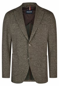 Brauner strukturierter Blazer mit einer zweiknopfigen Frontverschluss, Reverskragen und zwei Vorder-taschen. Das gefütterte Innenfutter weist ein dezentes Muster auf.