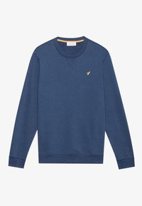 Felpa blu navy con scollo rotondo realizzata in tessuto morbido, caratterizzata da maniche lunghe, polsini e orlo a coste, con un piccolo logo giallo a forma di uccellino sul petto.