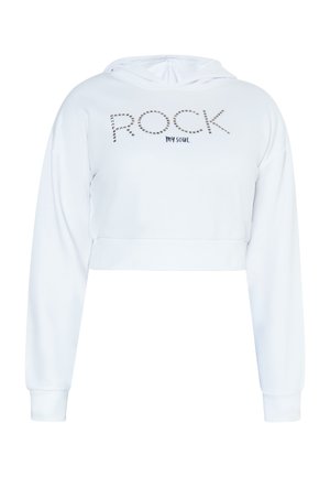 Valkoinen lyhyt hupullinen collegepaita, joka on valmistettu pehmeästä kankaasta ja jossa on kiristettävä huppu. Rintakehässä on painettu teksti "ROCK my soul" strasseilla.