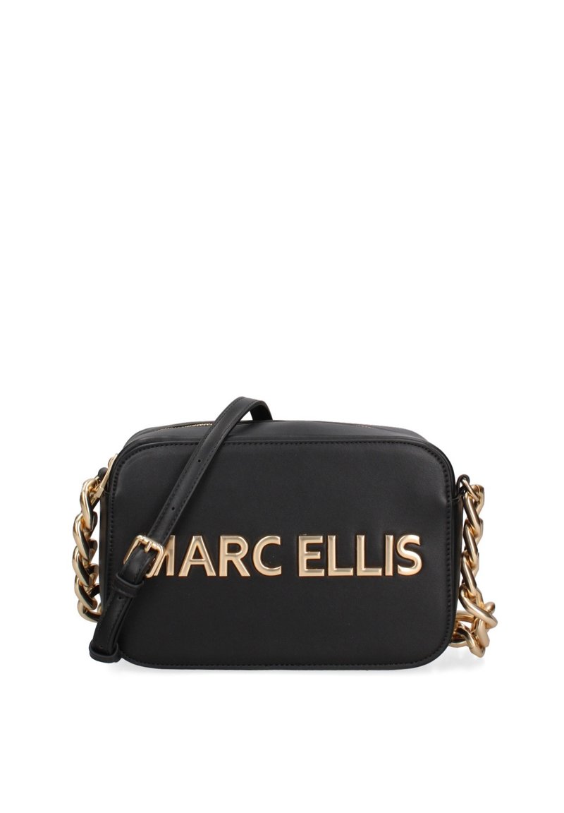 Borsa a tracolla nera in ecopelle con tracolla in catena dorata, caratterizzata dal logo "MARC ELLIS" in rilievo sulla parte anteriore, forma rettangolare e texture liscia.
