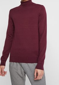 Maglione a dolcevita bordeaux realizzato in morbido tessuto a maglia. Presenta maniche lunghe e orlo a coste. Indossato con pantaloni a scacchi.